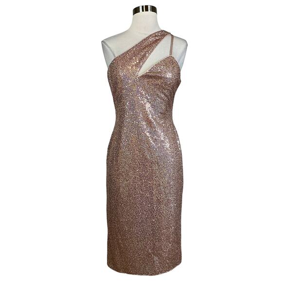 AQUA Women's Cocktail Dress Size 8 Rose Gold Sequined One Shoulder Midi Sheath - Picture 1 of 12